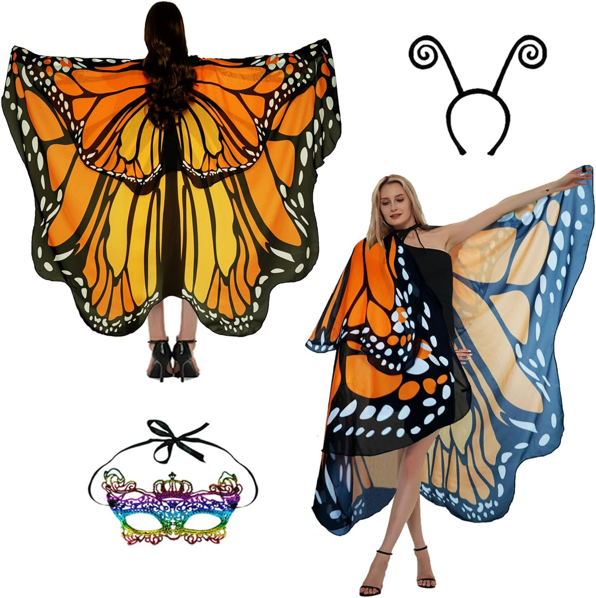 Sunlisky Adult Butterfly Costume Women Monarch Butterfly Wings Cape Shawl Halloween 3Pcs Mask Headband