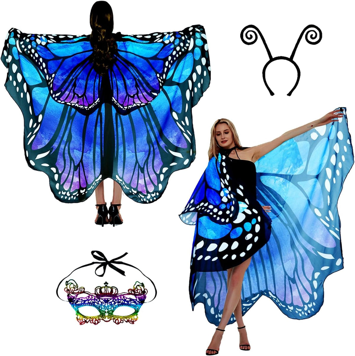 Sunlisky Adult Butterfly Costume Women Monarch Butterfly Wings Cape Shawl Halloween 3Pcs Mask Headband