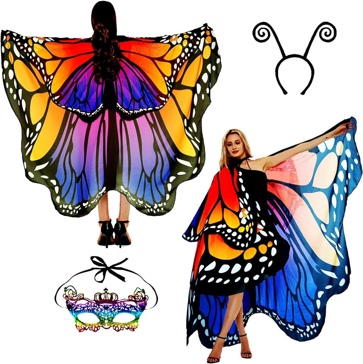 Sunlisky Adult Butterfly Costume Women Monarch Butterfly Wings Cape Shawl Halloween 3Pcs Mask Headband