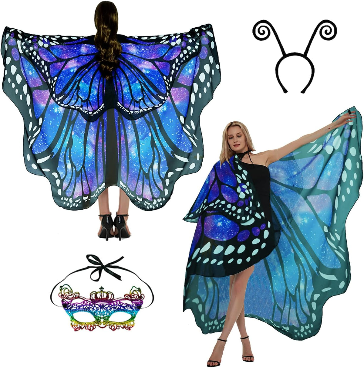 Sunlisky Adult Butterfly Costume Women Monarch Butterfly Wings Cape Shawl Halloween 3Pcs Mask Headband