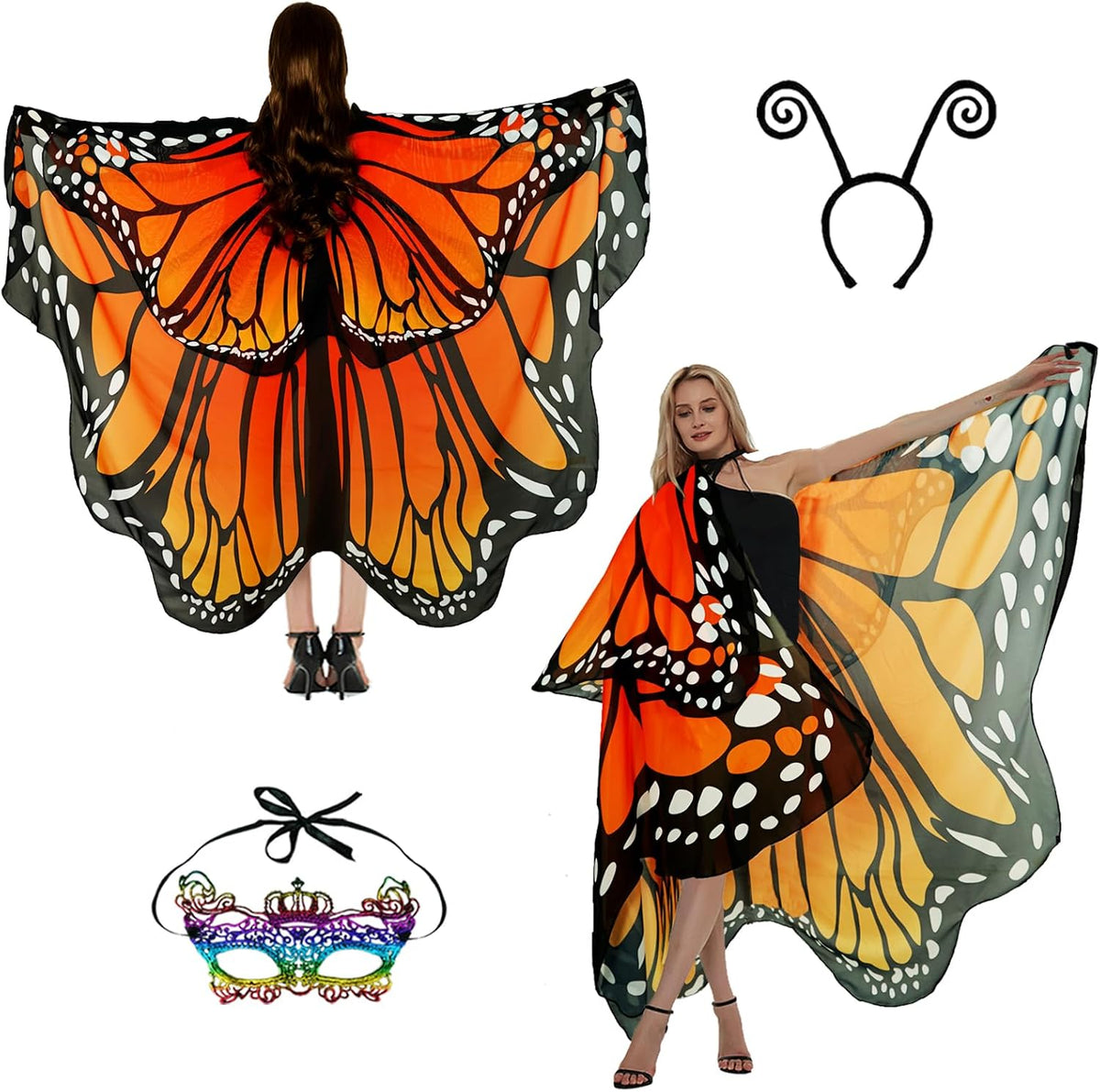 Sunlisky Adult Butterfly Costume Women Monarch Butterfly Wings Cape Shawl Halloween 3Pcs Mask Headband