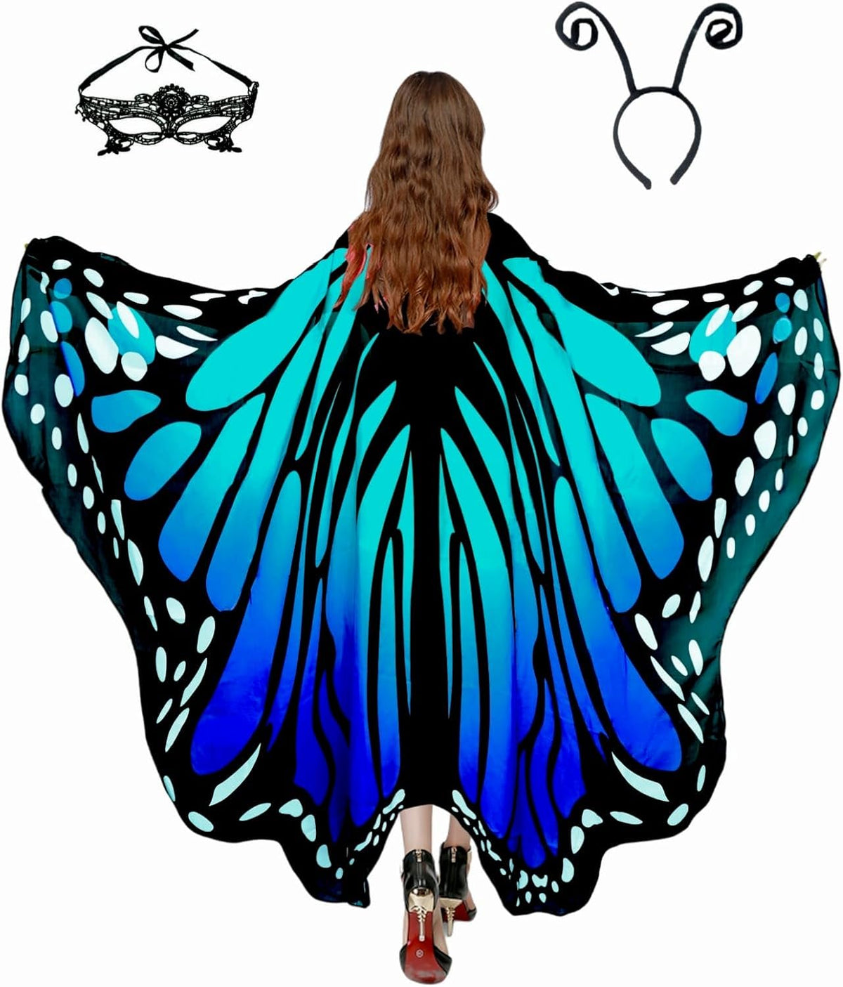 Sunlisky Adult Butterfly Costume Women Monarch Butterfly Wings Cape Shawl Halloween 3Pcs Mask Headband