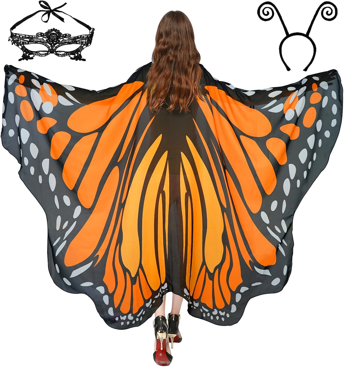 Sunlisky Adult Butterfly Costume Women Monarch Butterfly Wings Cape Shawl Halloween 3Pcs Mask Headband