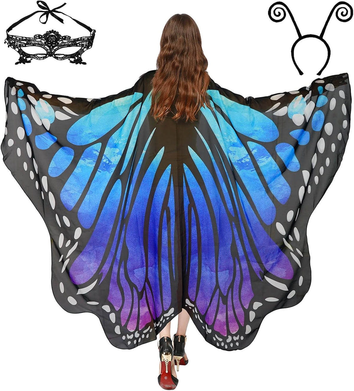 Sunlisky Adult Butterfly Costume Women Monarch Butterfly Wings Cape Shawl Halloween 3Pcs Mask Headband