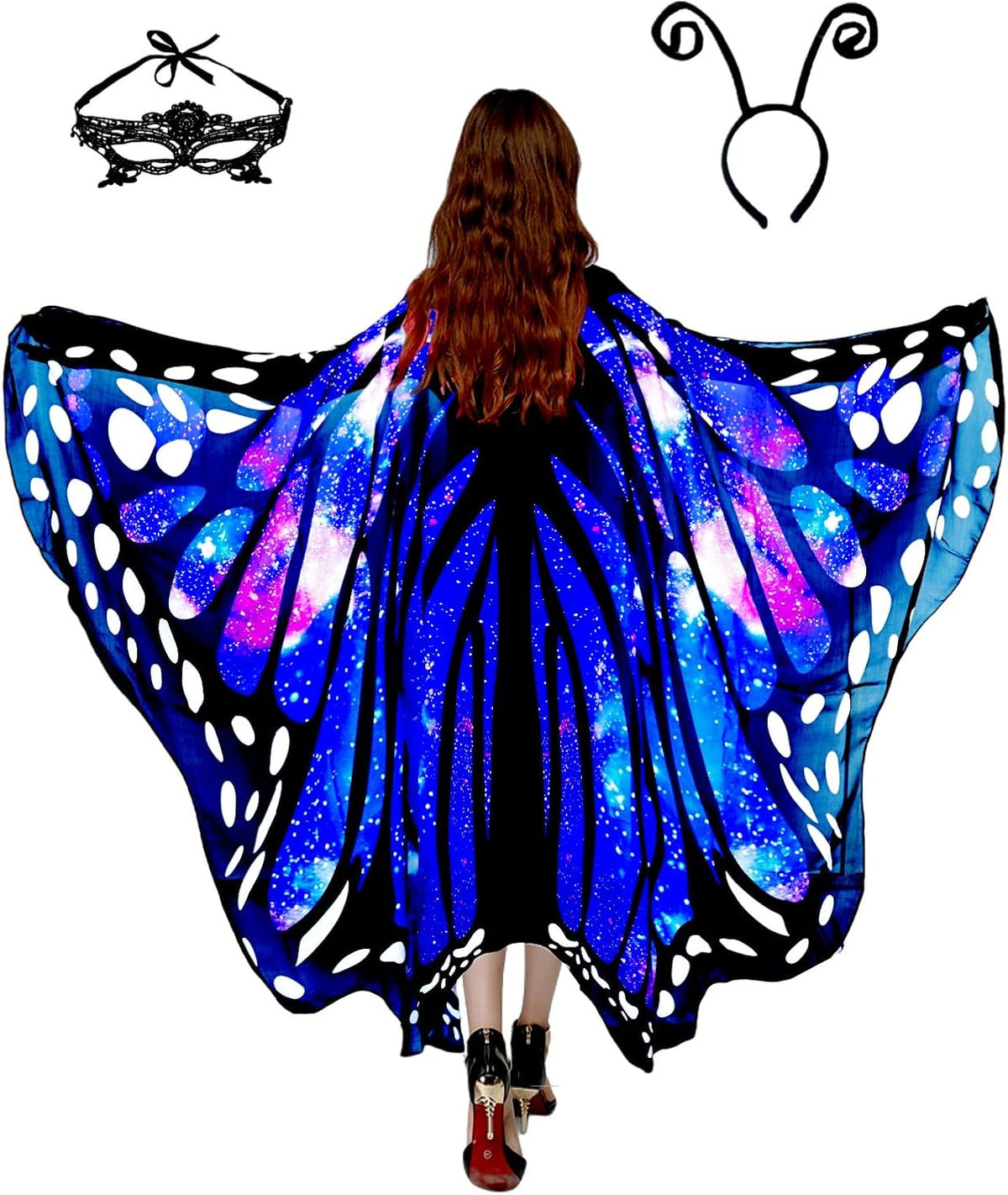 Sunlisky Adult Butterfly Costume Women Monarch Butterfly Wings Cape Shawl Halloween 3Pcs Mask Headband