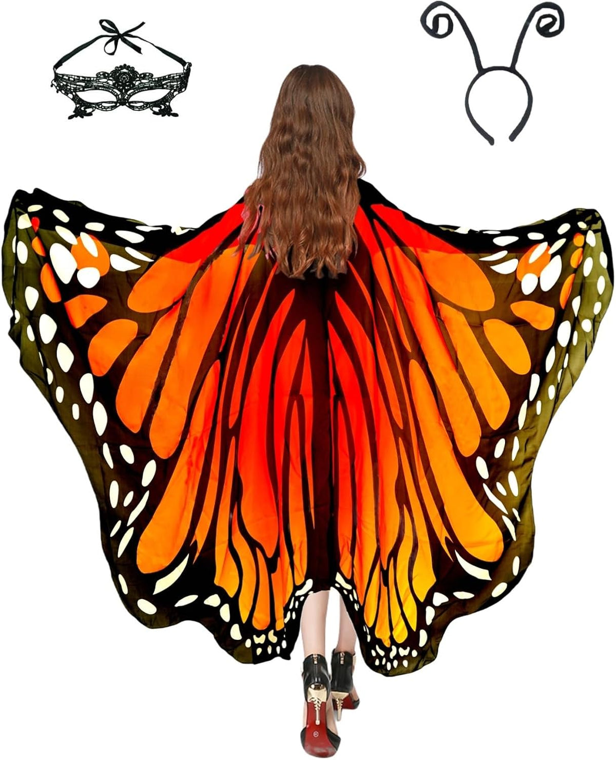 Sunlisky Adult Butterfly Costume Women Monarch Butterfly Wings Cape Shawl Halloween 3Pcs Mask Headband