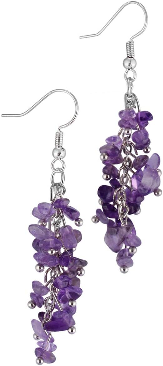 Natural Tumbled Stones Earrings for Women, Reiki Healing Crystal Long Dangle Hook Eardrop
