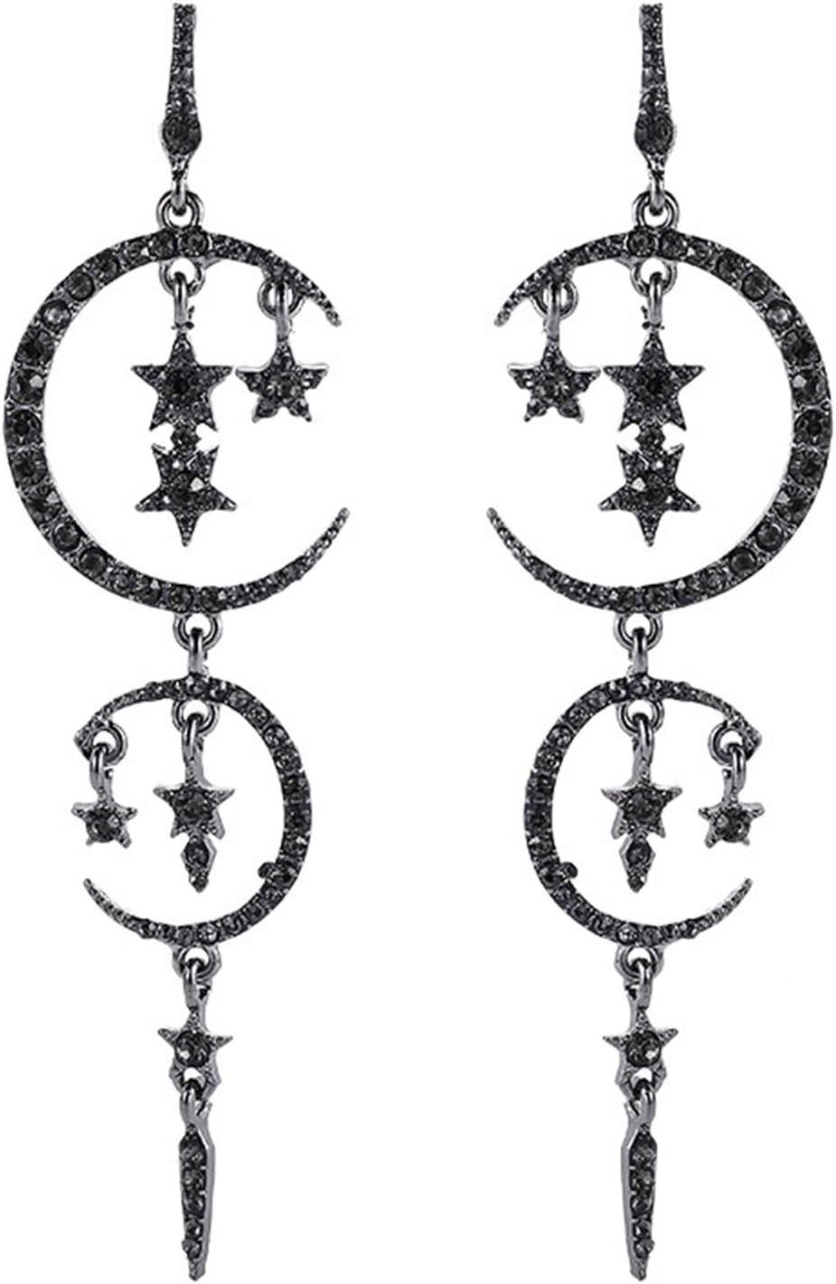 Moon and Star Drop Earrings Exaggerated Fashion Long Drop Dangle Stud Drop Earrings for Women,Black