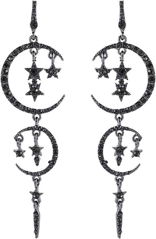 Moon and Star Drop Earrings Exaggerated Fashion Long Drop Dangle Stud Drop Earrings for Women,Black