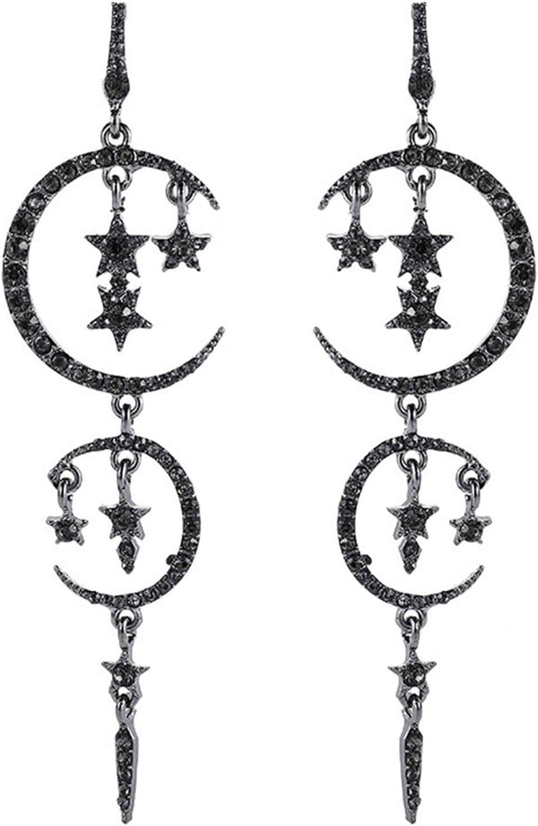 Moon and Star Drop Earrings Exaggerated Fashion Long Drop Dangle Stud Drop Earrings for Women,Black