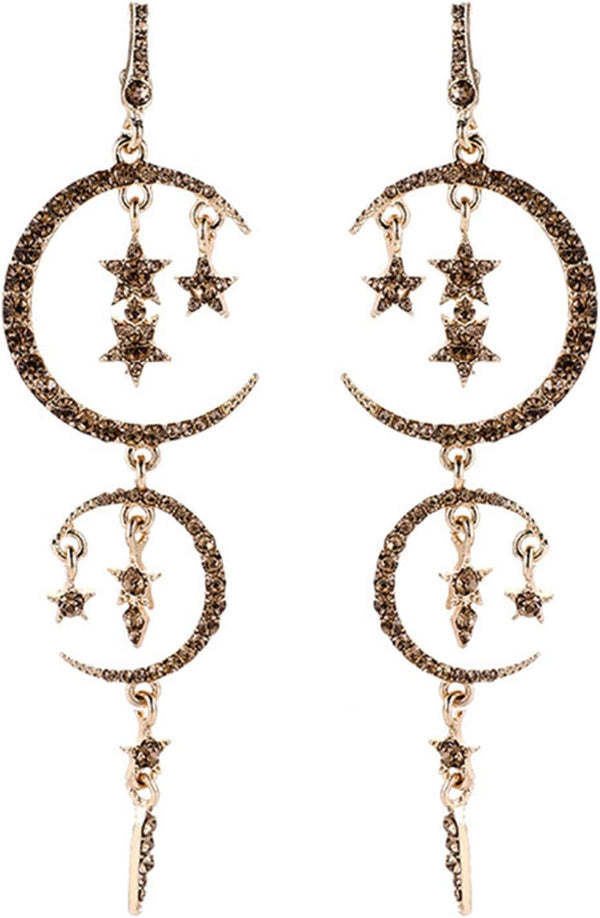 Moon and Star Drop Earrings Exaggerated Fashion Long Drop Dangle Stud Drop Earrings for Women,Black