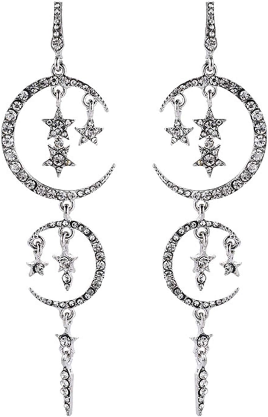 Moon and Star Drop Earrings Exaggerated Fashion Long Drop Dangle Stud Drop Earrings for Women,Black