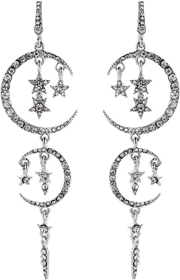 Moon and Star Drop Earrings Exaggerated Fashion Long Drop Dangle Stud Drop Earrings for Women,Black