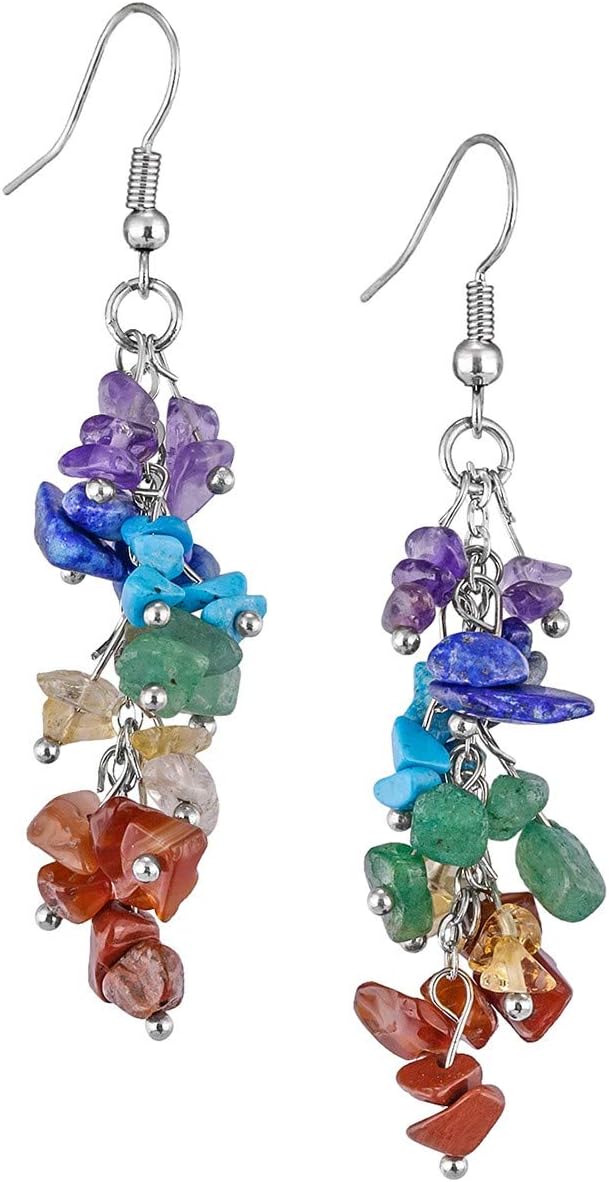 Natural Tumbled Stones Earrings for Women, Reiki Healing Crystal Long Dangle Hook Eardrop