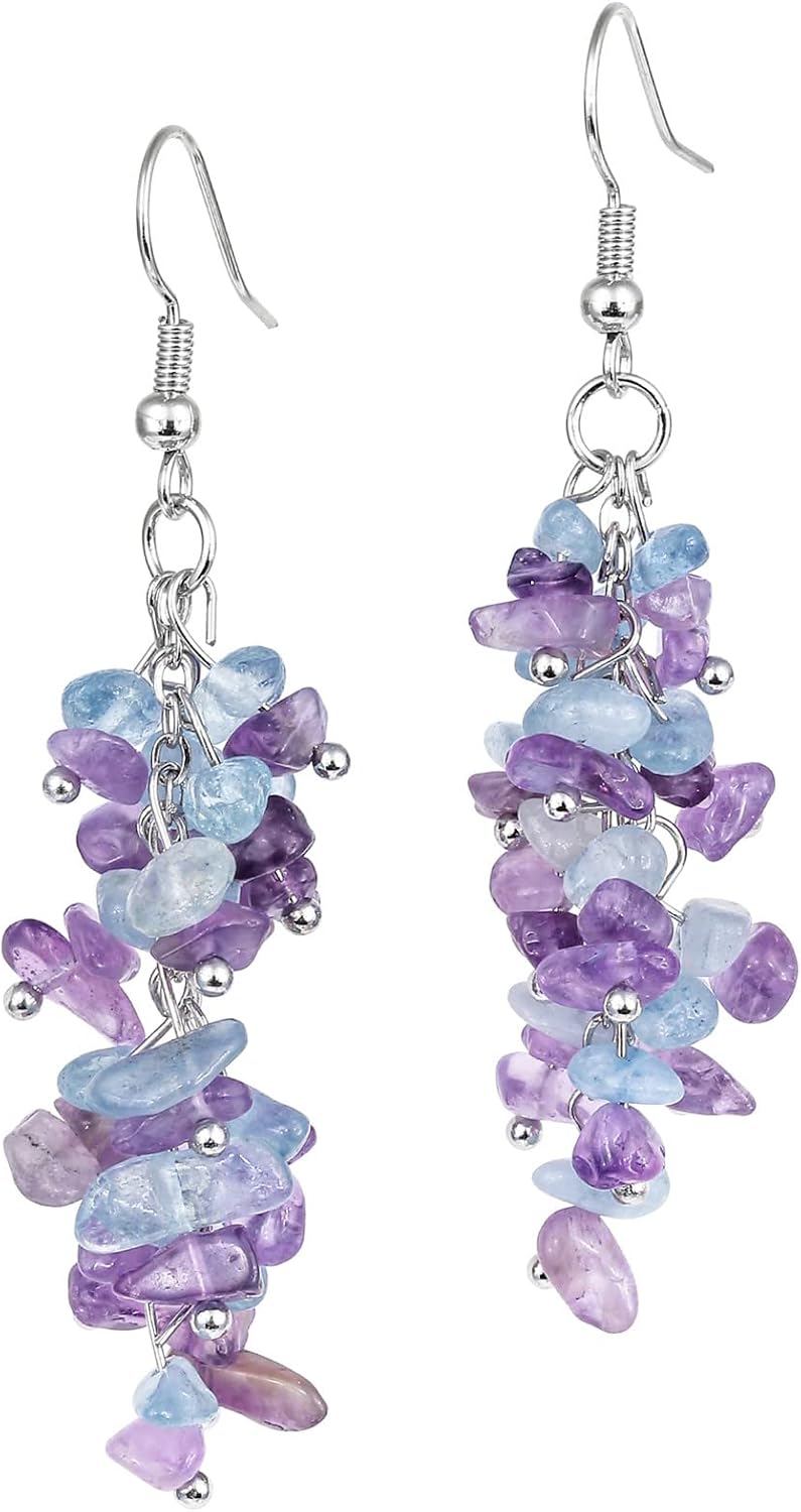 Natural Tumbled Stones Earrings for Women, Reiki Healing Crystal Long Dangle Hook Eardrop