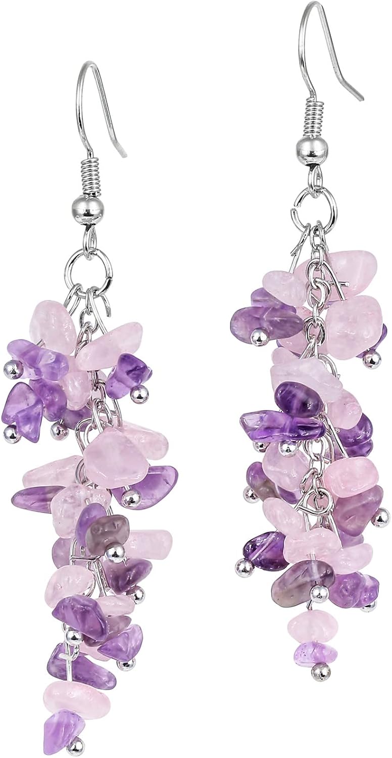 Natural Tumbled Stones Earrings for Women, Reiki Healing Crystal Long Dangle Hook Eardrop
