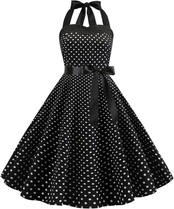 IKADEX Vintage Women 1950s Rockabilly Swing Dress Pinup 50s Retro Hepburn Style Halterneck A-Line Dresses