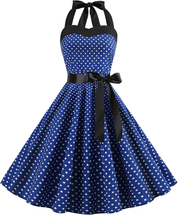 IKADEX Vintage Women 1950s Rockabilly Swing Dress Pinup 50s Retro Hepburn Style Halterneck A-Line Dresses
