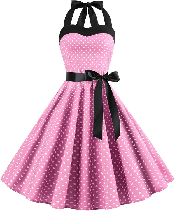 IKADEX Vintage Women 1950s Rockabilly Swing Dress Pinup 50s Retro Hepburn Style Halterneck A-Line Dresses