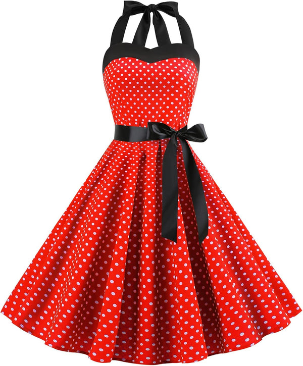 IKADEX Vintage Women 1950s Rockabilly Swing Dress Pinup 50s Retro Hepburn Style Halterneck A-Line Dresses