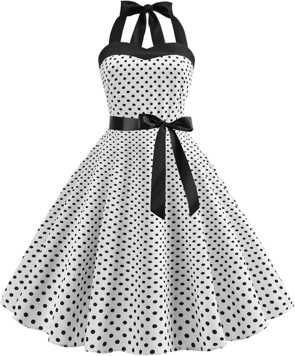 IKADEX Vintage Women 1950s Rockabilly Swing Dress Pinup 50s Retro Hepburn Style Halterneck A-Line Dresses