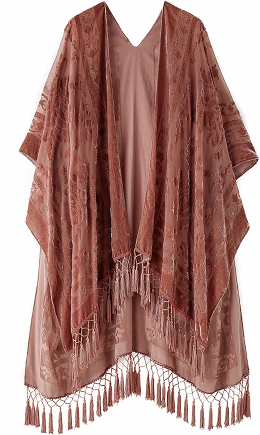 Women's Burnout Velvet Kimono Long Cardigan Cover Up With Tassel