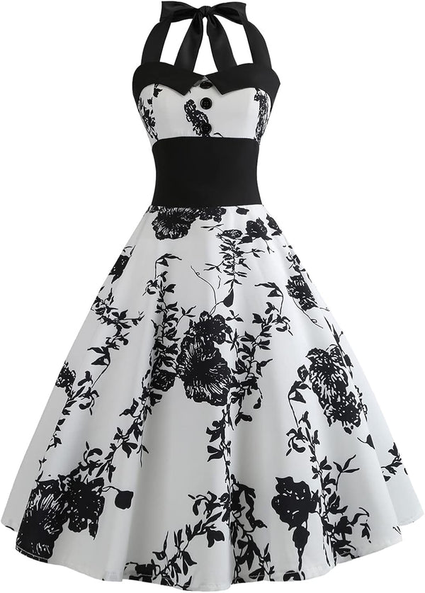 IKADEX Vintage Women 1950s Rockabilly Swing Dress Pinup 50s Retro Hepburn Style Halterneck A-Line Dresses