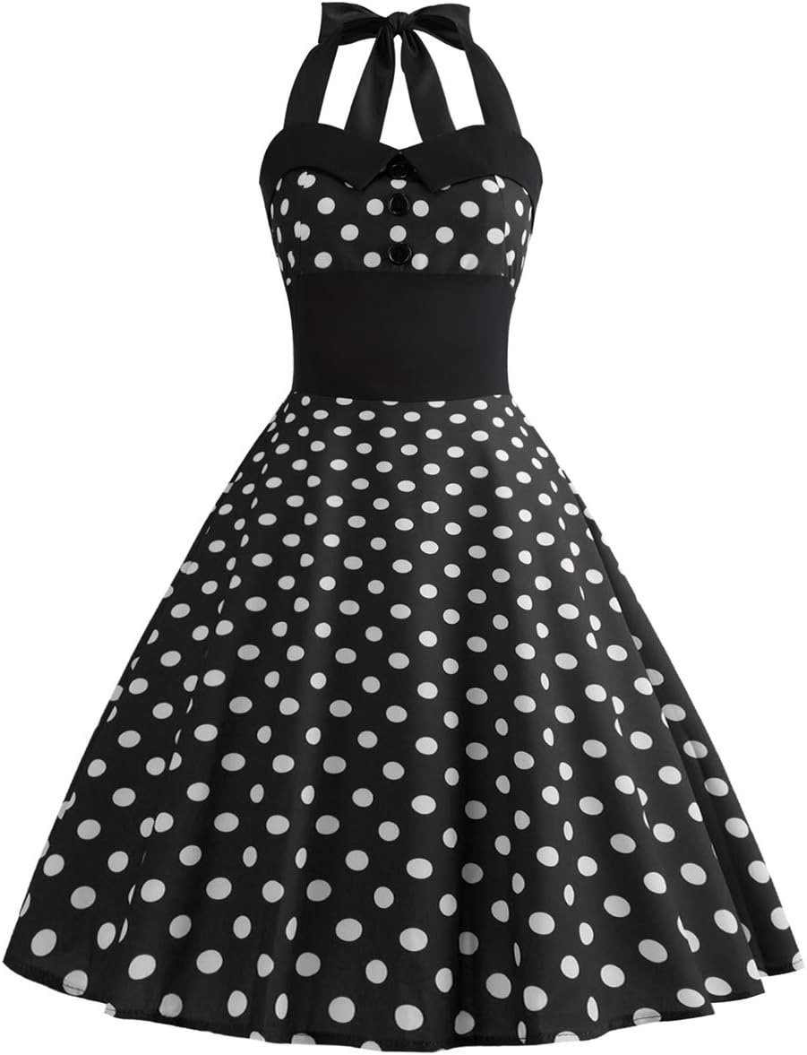 IKADEX Vintage Women 1950s Rockabilly Swing Dress Pinup 50s Retro Hepburn Style Halterneck A-Line Dresses