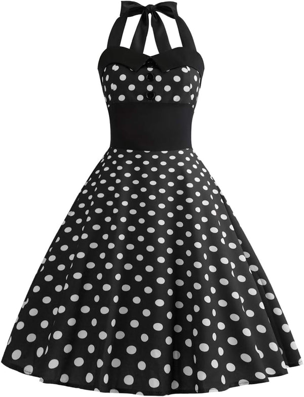 IKADEX Vintage Women 1950s Rockabilly Swing Dress Pinup 50s Retro Hepburn Style Halterneck A-Line Dresses