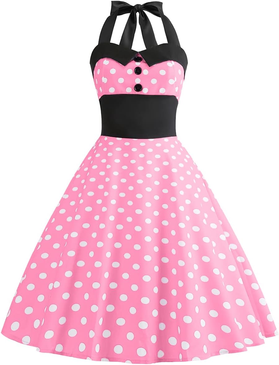 IKADEX Vintage Women 1950s Rockabilly Swing Dress Pinup 50s Retro Hepburn Style Halterneck A-Line Dresses