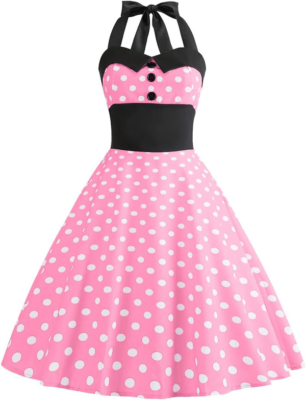 IKADEX Vintage Women 1950s Rockabilly Swing Dress Pinup 50s Retro Hepburn Style Halterneck A-Line Dresses