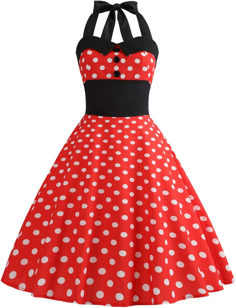IKADEX Vintage Women 1950s Rockabilly Swing Dress Pinup 50s Retro Hepburn Style Halterneck A-Line Dresses