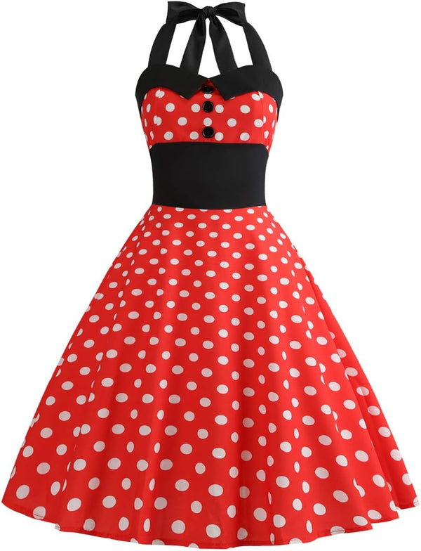 IKADEX Vintage Women 1950s Rockabilly Swing Dress Pinup 50s Retro Hepburn Style Halterneck A-Line Dresses
