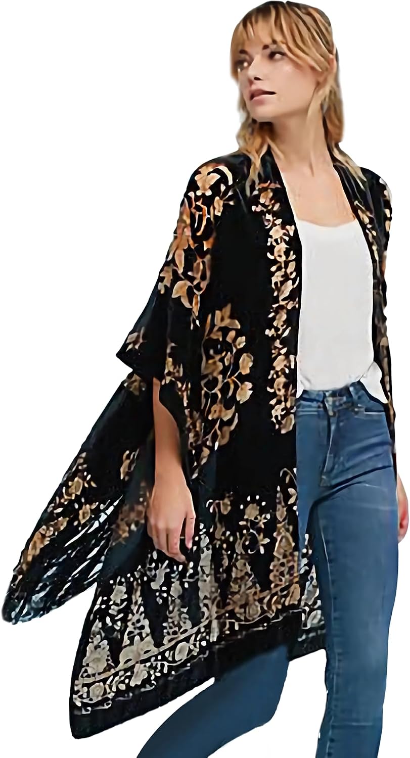Women's Burnout Velvet Kimono Long Cardigan Cover Up Casual Outfit