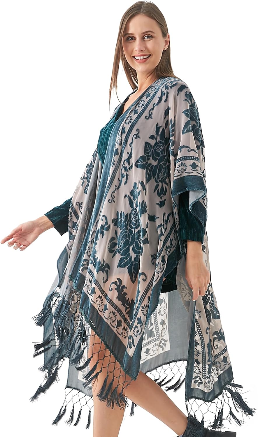 Women's Burnout Velvet Kimono Long Cardigan Cover Up With Tassel