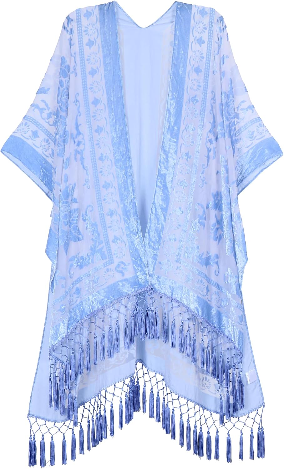 Women's Burnout Velvet Kimono Long Cardigan Cover Up With Tassel