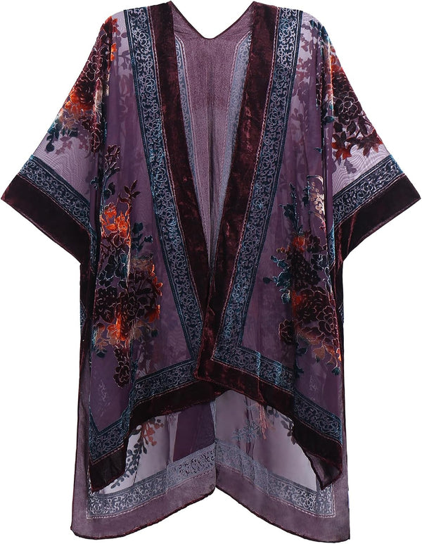 Women's Burnout Velvet Kimono Long Cardigan Cover Up Casual Outfit