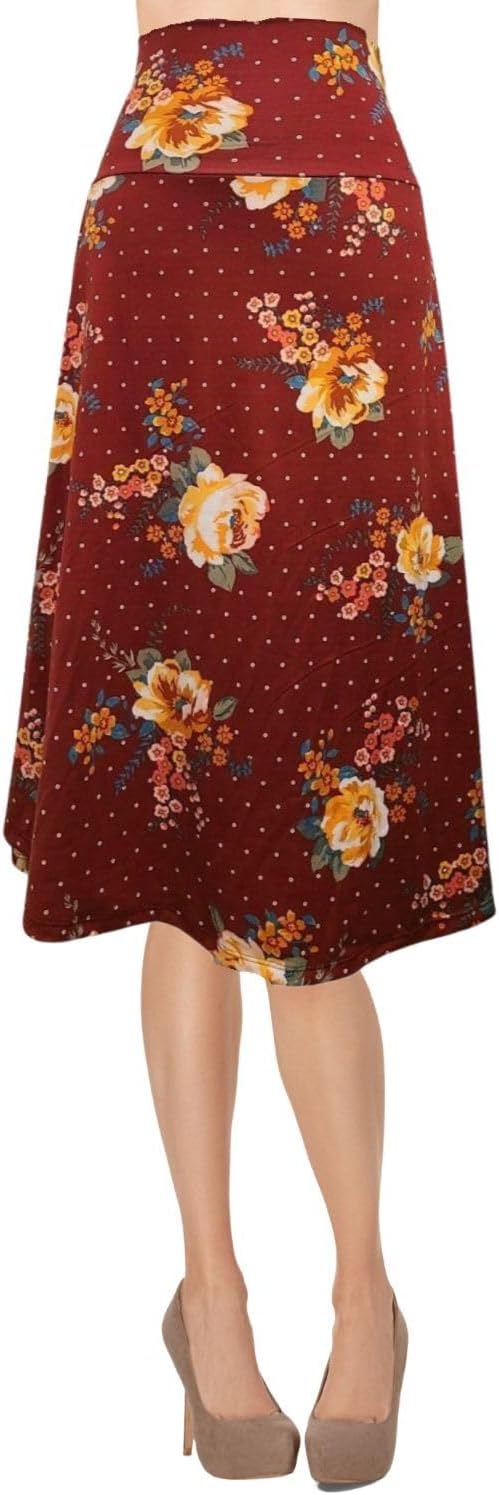 Women's A-Line Foldover Lightweight Flare Midi Pull On Closure Skirt