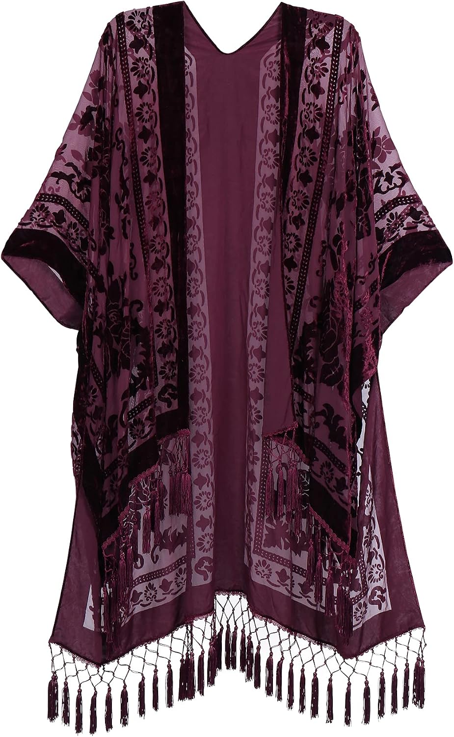 Women's Burnout Velvet Kimono Long Cardigan Cover Up With Tassel