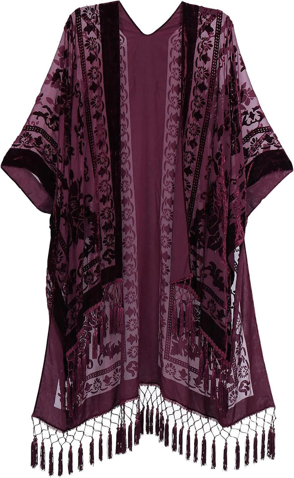 Women's Burnout Velvet Kimono Long Cardigan Cover Up With Tassel