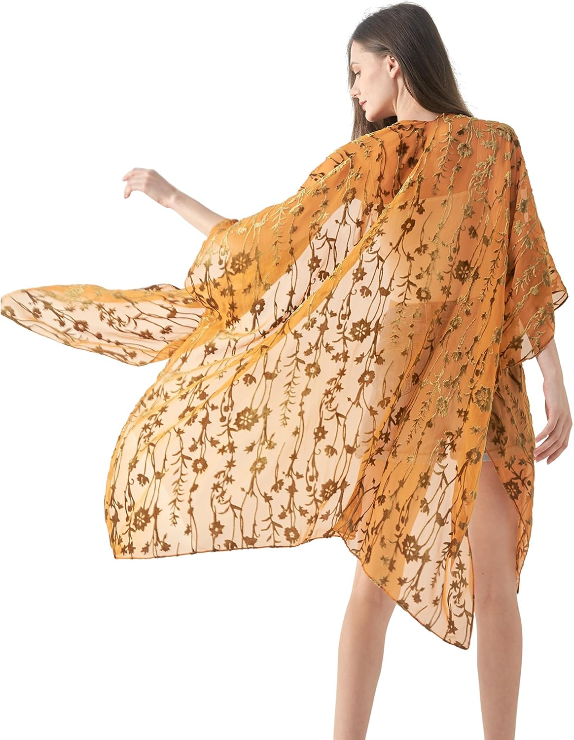 Women's Burnout Velvet Kimono Long Cardigan Cover Up Casual Outfit