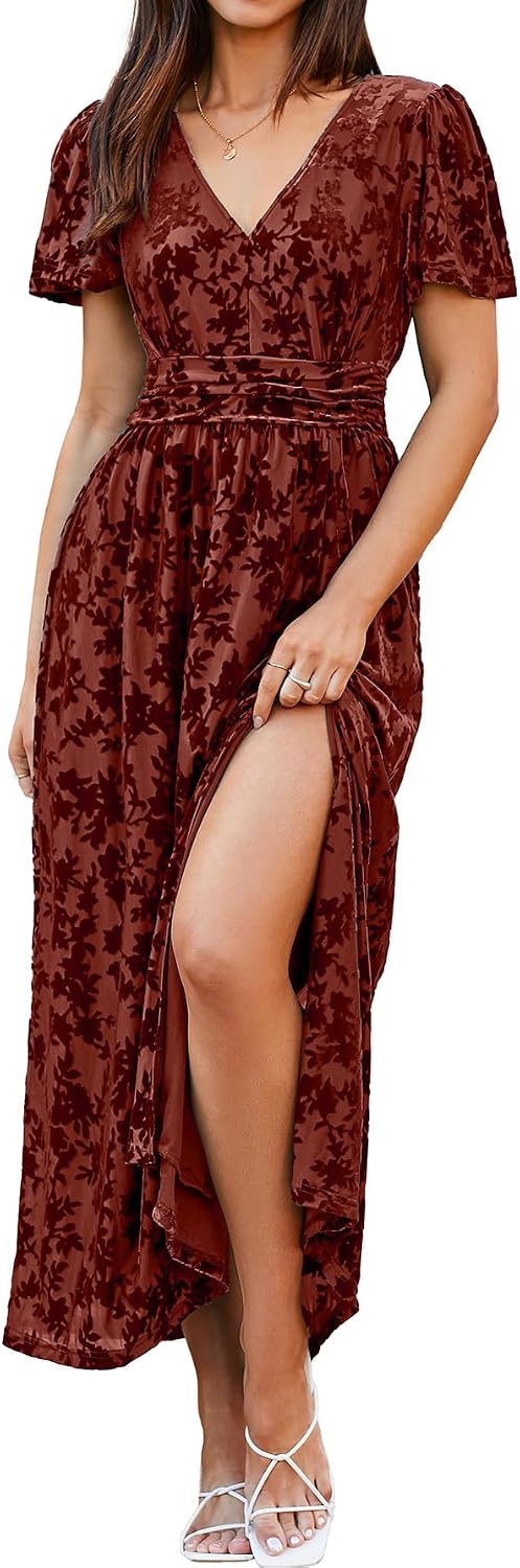 Simplee Women's Velvet Maxi Dress V Neck Short Sleeve Empire Waist Semi Formal Long Cocktail Dresses