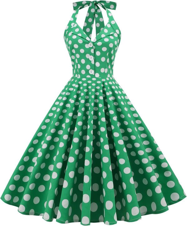 IKADEX Vintage Women 1950s Rockabilly Swing Dress Pinup 50s Retro Hepburn Style Halterneck A-Line Dresses