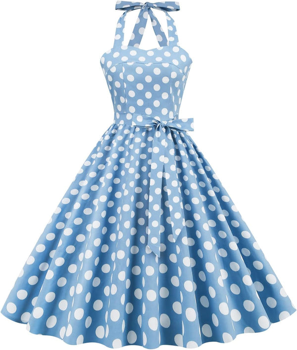 IKADEX Vintage Women 1950s Rockabilly Swing Dress Pinup 50s Retro Hepburn Style Halterneck A-Line Dresses