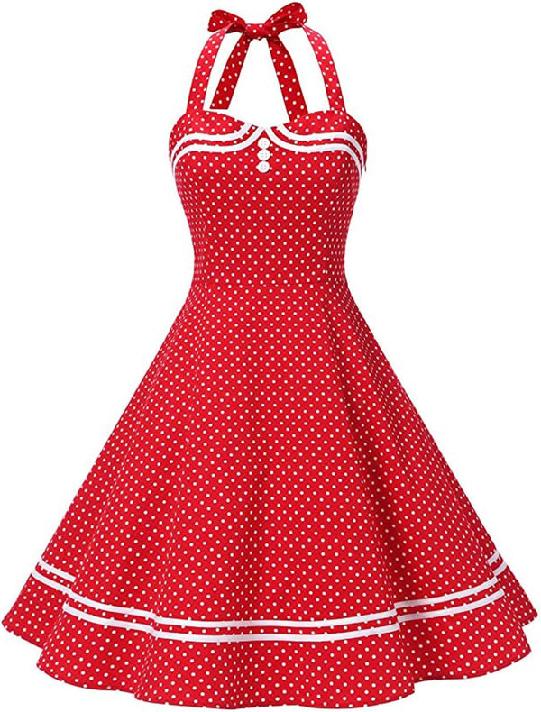 IKADEX Vintage Women 1950s Rockabilly Swing Dress Pinup 50s Retro Hepburn Style Halterneck A-Line Dresses