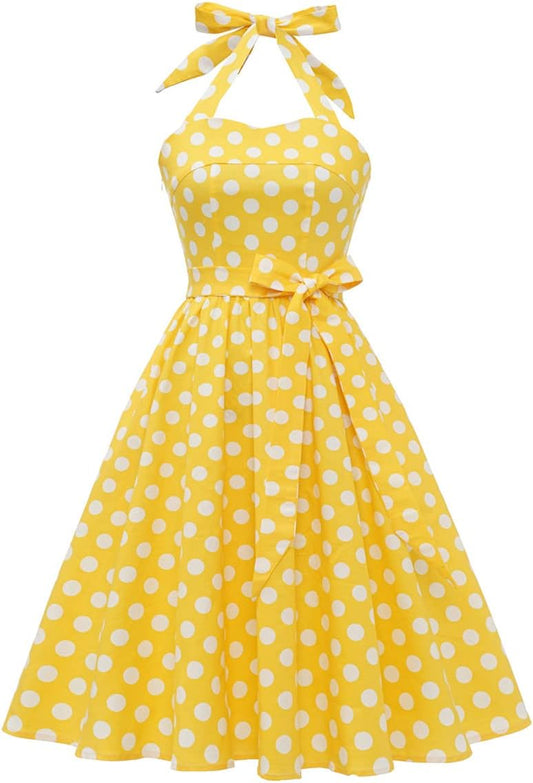IKADEX Vintage Women 1950s Rockabilly Swing Dress Pinup 50s Retro Hepburn Style Halterneck A-Line Dresses