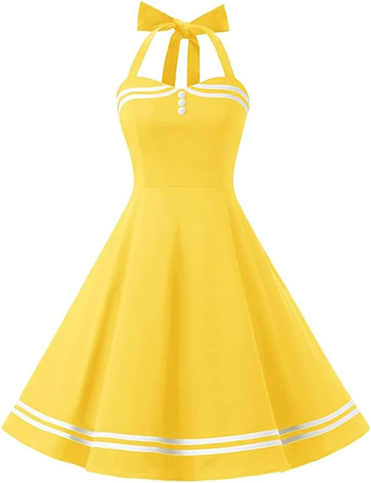 IKADEX Vintage Women 1950s Rockabilly Swing Dress Pinup 50s Retro Hepburn Style Halterneck A-Line Dresses