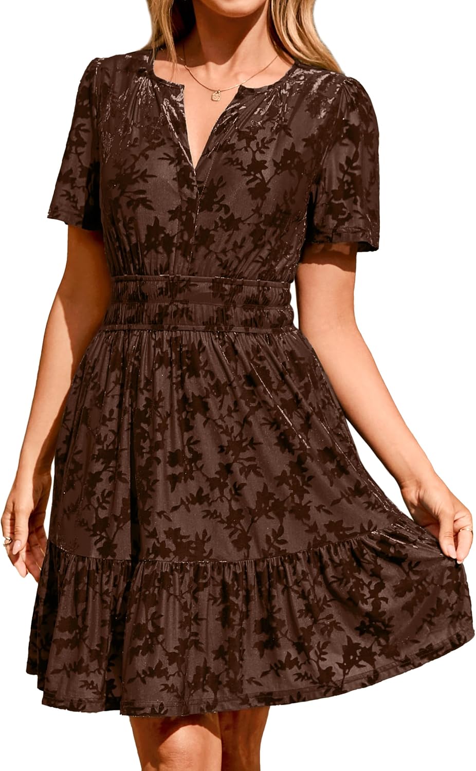 Simplee Women's 2026 Velvet Short Sleeve Cocktail Dress Fall Winter Casual V Neck Empire Waist Mini Dresses with Pockets