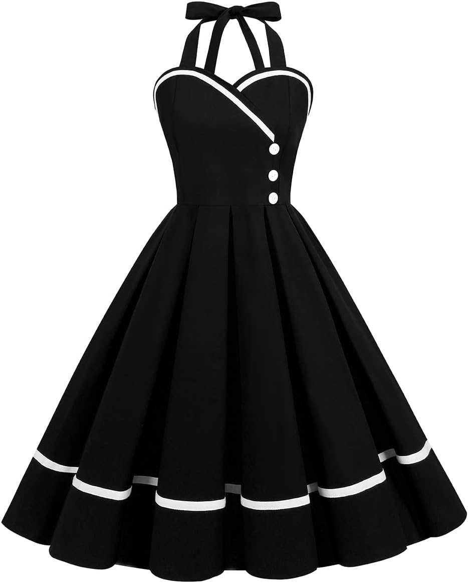 IKADEX Vintage Women 1950s Rockabilly Swing Dress Pinup 50s Retro Hepburn Style Halterneck A-Line Dresses