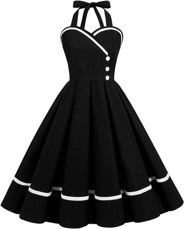 IKADEX Vintage Women 1950s Rockabilly Swing Dress Pinup 50s Retro Hepburn Style Halterneck A-Line Dresses
